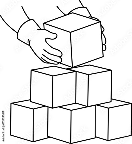 Hand in glove stacking cube building tower. Construction and teamwork concept. Simple line art monochrome vector illustration