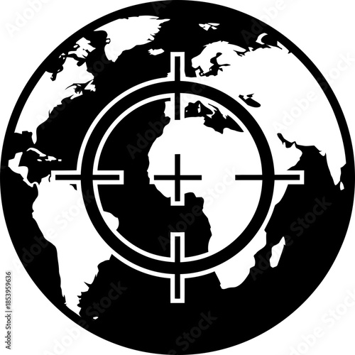 Target icon on Earth globe vector symbol. Geopolitical, global reach concept. Targeting, surveillance design element. Minimalist black and white illustration