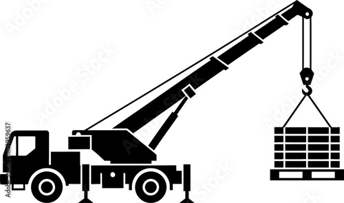 Crane truck lifting heavy wooden pallet with stacked material. Construction and cargo delivery theme. Vector illustration