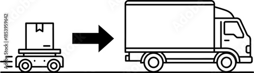 Robotic warehouse transport icon concept with autonomous mobile robot transferring package to delivery truck. Outline vector illustration