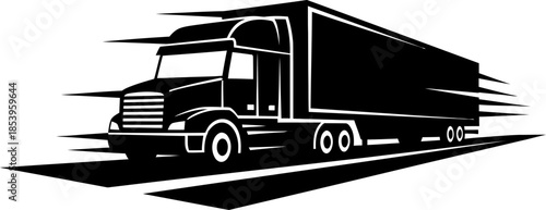 Delivery truck icon in motion. Transport long haulage vehicle element for logistics cargo and freight service. Vector illustration for emblem, logo, sign