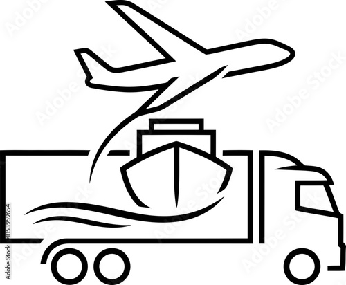 Global logistics concept with airplane, ship, and truck showing multimodal transportation. Line art vector icon for cargo delivery service, freight