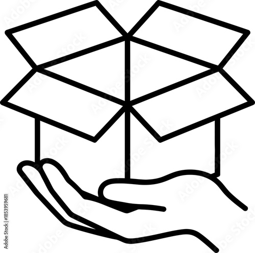 Hand holding open cardboard box. Shipping, delivery, package, unboxing concept. Outline element. Vector icon for app, web, interface, logo