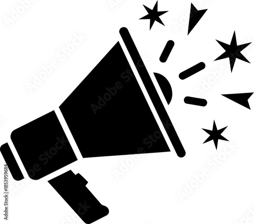 Loudspeaker icon with star sound wave. Marketing announcement, attention and notification concept. Black shape. Vector graphic illustration