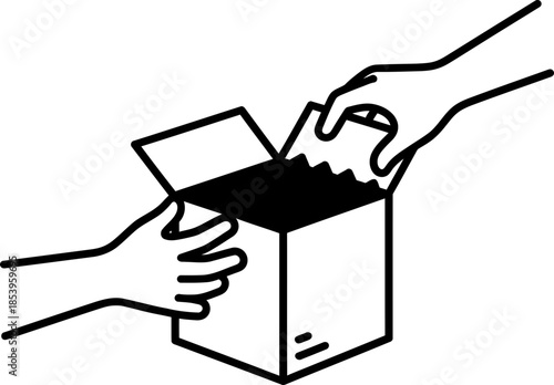 Hand giving a package box to another hand. Delivery, parcel, shipping, unboxing, receive, give concept. Vector outline icon