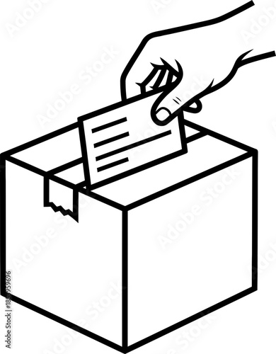 Hand putting ballot into election box. Voting and democracy concept. Outline style. Monochrome vector illustration for web icon, symbol, pictogram