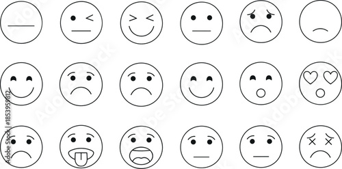 Simple Emoji Facial Expressions Line Icon Set Featuring Emotions, Reactions, Mood Symbols, Feelings and Minimal User Interface Communication Design