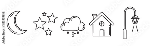 A simple line art collection of weather and nocturnal elements including a crescent moon, stars, a cloud with snowflakes, a house with a chimney, and a street lamp.