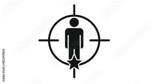 A simple black icon depicting a person within a targeting reticle and star