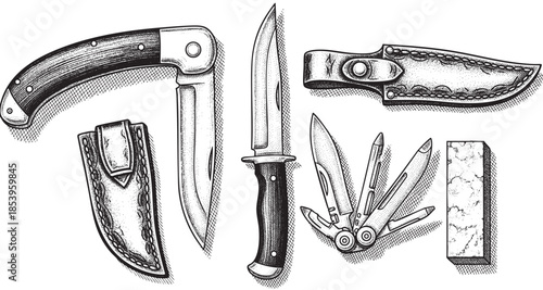 This black and white illustration showcases a collection of vintage knives, including a folding knife, a hunting knife, a multi-tool, and two leather sheaths, rendered in a stippling art style.