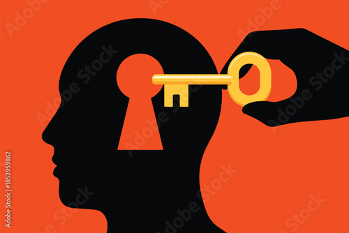 A hand holding a key near a silhouette of a person's head with a keyhole, symbolizing unlocking potential, against a vibrant orange background.
