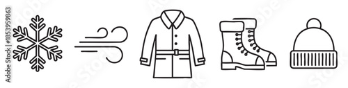 A graphic illustration shows a snowflake, wind symbol, winter coat, boots, and beanie hat, representing cold weather and attire.