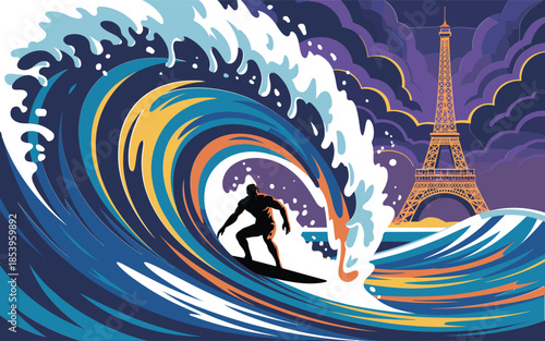 A surfer rides a massive wave against the backdrop of the Eiffel Tower at dusk