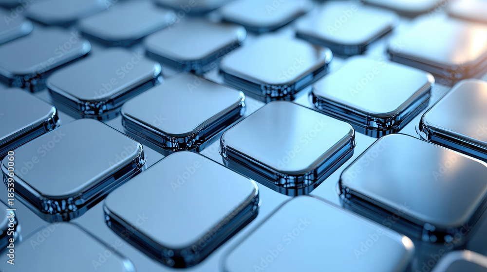 Obraz premium Abstract blue geometric square pattern with metallic glossy texture. High-tech futuristic background representing solar cells, keyboard keys, or modern digital grid technology