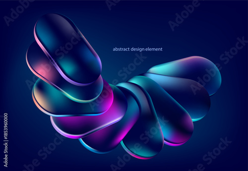 3D glass oval shapes. Transparent iridescent geometric shapes on dark background. Abstract vector design elements.