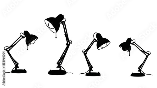 Black Desk Lamp Silhouette Vector Showing Closed Angled Left Angled Right and Shining Poses