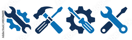 Maintenance and Repair Tool Icon Set. Professional vector collection featuring wrench, gear, hammer, and screwdriver symbols for fix and service concepts.