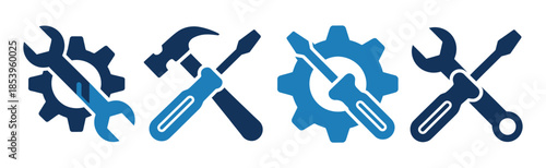 Maintenance and Repair Tool Icon Set. Professional vector collection featuring wrench, gear, hammer, and screwdriver symbols for fix and service concepts.