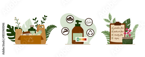 Eco Cosmetics Set. Clipboard checklist for ethical skincare, recycled cardboard box with eco packaging, skincare pump bottle with eco labels. Concept for sustainable shipping and zero waste branding