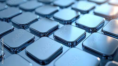 Abstract blue geometric square pattern with metallic glossy texture. High-tech futuristic background representing solar cells, keyboard keys, or modern digital grid technology