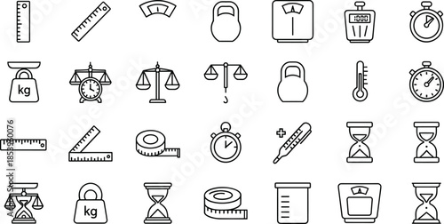Set of thin line measurement icons featuring rulers kitchen and bathroom scales weights stopwatches thermometers hourglasses and measuring tapes isolated on white background vector illustration