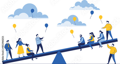 Team Balance and Cooperation Flat Illustration Featuring People on Seesaw, Equality, Collaboration, Shared Effort, Workplace Harmony and Business Teamwork Concept
