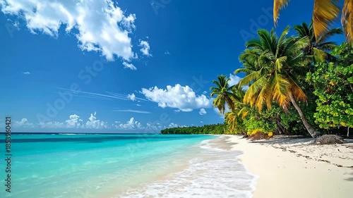 Idyllic Coastal Scene with Turquoise Water White Sand and Lush Palm Trees Under Blue Sky