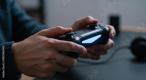 Gamer using a modern video game controller to play a high-tech console game at home.Concept of gaming and interactive entertainment.