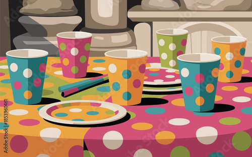 Colorful party setup with polka dot cups and plates on a vibrant tablecloth viewed from above
