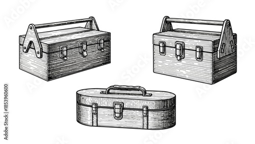 Three detailed illustrations of wooden toolboxes, each with a handle and metal clasps.