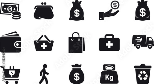 Set of black finance and shopping icons featuring money bags dollar currency symbols wallets shopping bags delivery trucks and recycling bins isolated on white background flat vector illustration