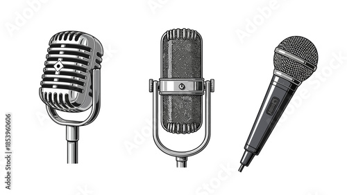 Three vintage microphones in a row, isolated on white background.