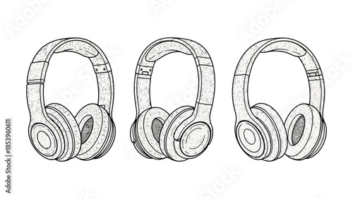 Three detailed illustrations of modern over-ear headphones, presented side-by-side in a clean, graphic style.