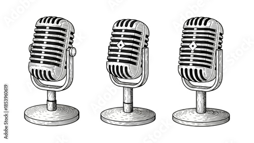 Three vintage microphones in a row, detailed drawing.