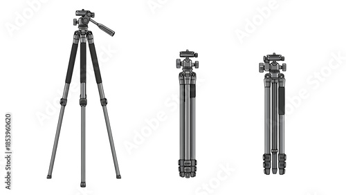 Three tripods are displayed, one fully extended, one collapsed, and one partially extended, showcasing different heights.