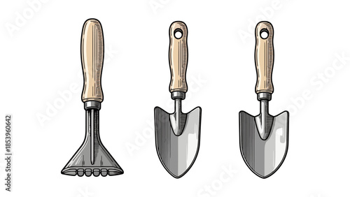 Three garden tools, including a trowel, a hand cultivator, and a small shovel, are displayed against a white background.