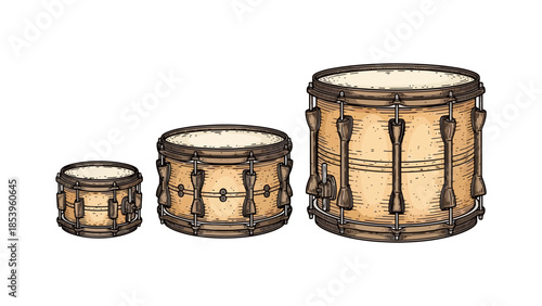Three snare drums of varying sizes, depicted in a detailed illustration with a white background.