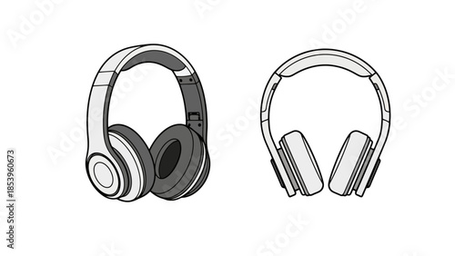 Two illustrations of headphones, one showing the side and one showing the front.