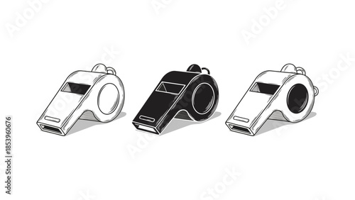 Three whistles of different colors, side by side, with detailed shading and perspective.