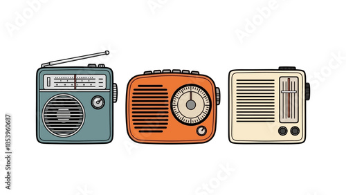 Three vintage radios of different colors and designs, isolated on a white background.