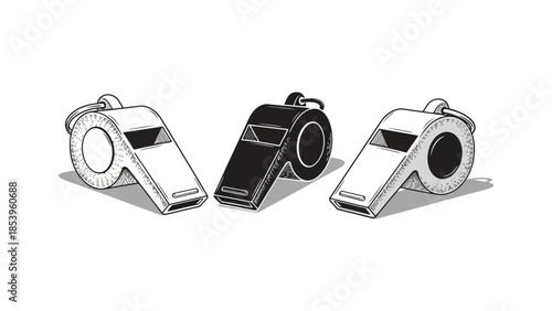 Three whistles, two white and one black, arranged in a row.