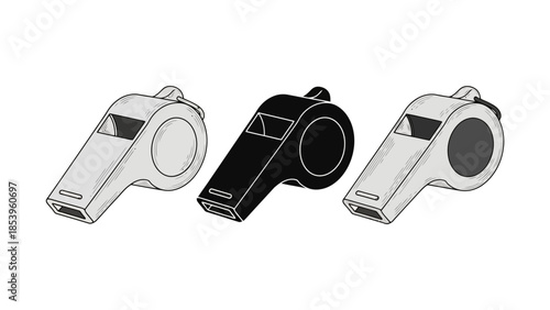 Three whistles, white, black, and gray, arranged side by side on a white background.