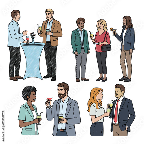 Group of people networking at a cocktail party with drinks in hand  