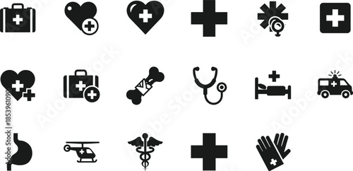 Set of black medical and emergency icons featuring first aid kits hospital cross symbols stethoscopes broken bone diagnostics ambulance helicopters and surgical gloves isolated on white background 