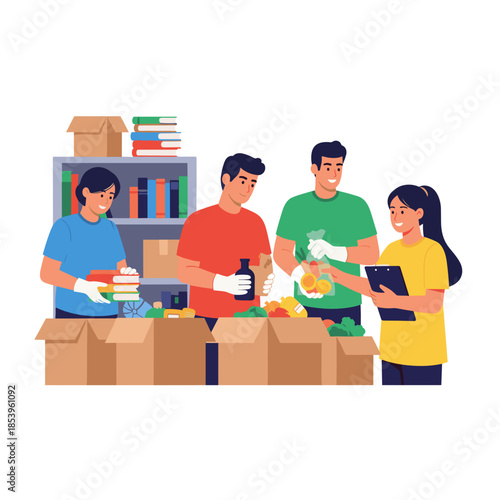 Volunteers organizing food donation boxes in community center  