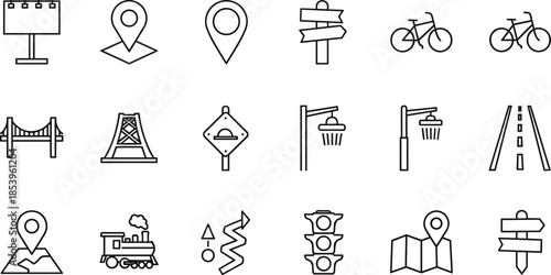 Set of thin line urban infrastructure icons featuring city billboards road maps location pin markers bicycles bridge structures traffic lights and street lamp symbols isolated on white background 