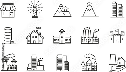 Set of thin line architecture and building icons featuring city storefronts lighthouses mountain cabins skyscrapers factories schools and historical castles isolated on white background