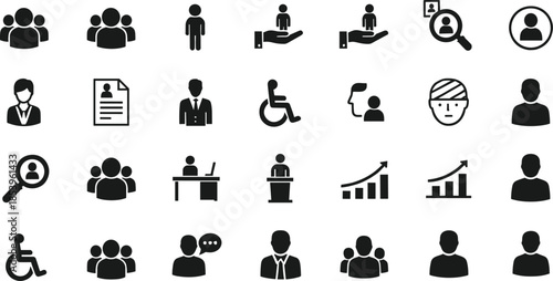 Set of black human resources and user profile icons featuring various people group symbols candidate resumes hiring search magnifying glasses and career growth charts isolated on white background