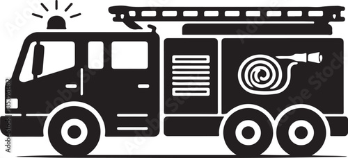 emergency fire truck silhouette symbol, clean minimal design, solid black shape, isolated on white background