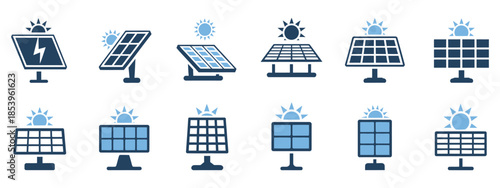 Solar Panel and Clean Energy Icon Set. Professional solid vector symbols representing photovoltaic systems, sun-powered electricity, and sustainable green energy solutions.